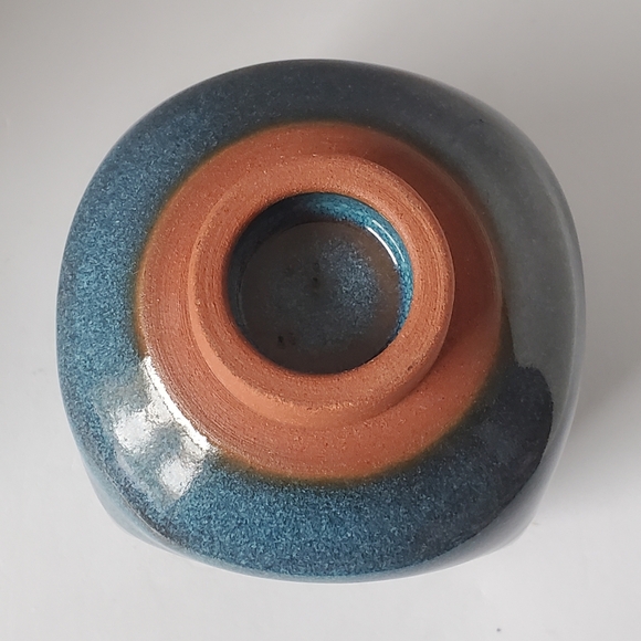 Pottery Square Round Blue Glazed Vase - Picture 5 of 8
